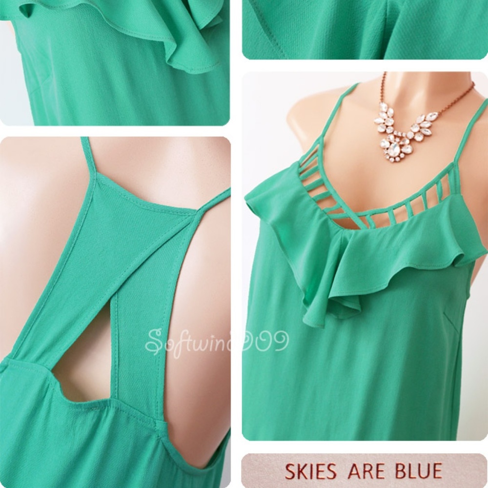 Green Caged Ruffle Racer Back Shift Dress - Picture 3 of 7